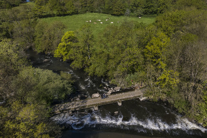 France, Vendee, Chanverrie, cycling on the Vendée Vélo Tour cycle route, crossing the pont du Guy bridge over the Sèvre Nantaise river not far from the Moulin de la Garde (aerial view)