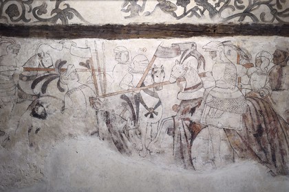 France, Calvados (14), Pays d'Auge, le chateau de Saint-Germain-de-Livet du XVe et XVIe siècle labellisé Musée de France, fresque du XVIe siècle dans la salle de garde