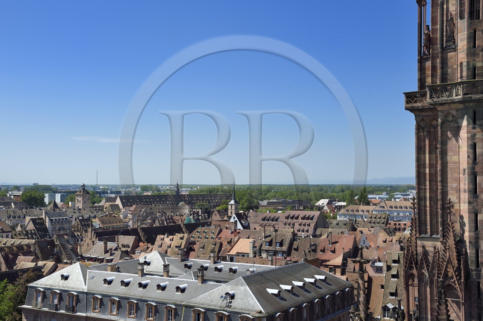 France, Bas-Rhin (67), Strasbourg, vieille ville classée au Patrimoine Mondial de l'UNESCO, la cathédrale Notre-Dame, vue vers l'hopital civil médieval et statue équestre d'un roi sur la tour sud