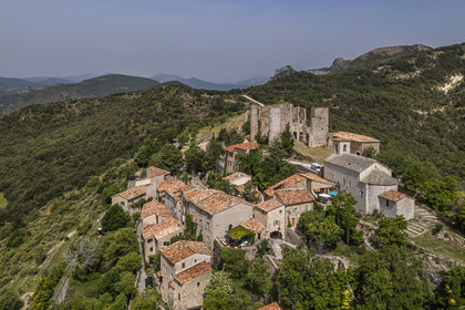 France, Var, Verdon Regional Natural Park, Bargeme village, labelled Les Plus Beaux Villages de France (The Most Beautiful Villages of France), and the Sabran de Ponteves castle (aerial view)