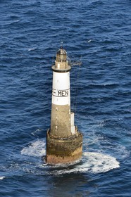France, Finistere, Iroise Sea, Parc Naturel Regional d'Armorique (Natural Regional Park of Armorique), Ile de Sein, Chaussee de Sein, Ar-Men lighthouse (aerial view)