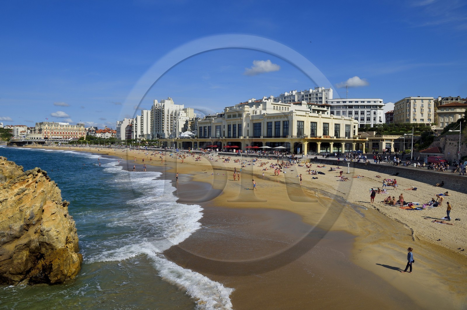 France, Pyrenees Atlantiques, Basque Country, Biarritz, the Grande Plage (town's largest beach), the casino and the Hotel du Palais in the background