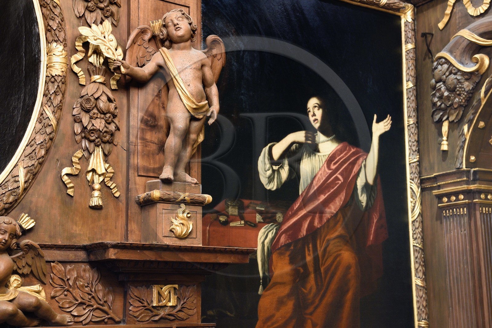 France, Puy-de-Dôme (63), Clermont-Ferrand, rue Pascal, Hotel particulier Martial de Grandseigne, chambre d'apparat au décor du XVIIe siècle, peinture représentant Marie Madeleine repentante qui renonce à la luxure