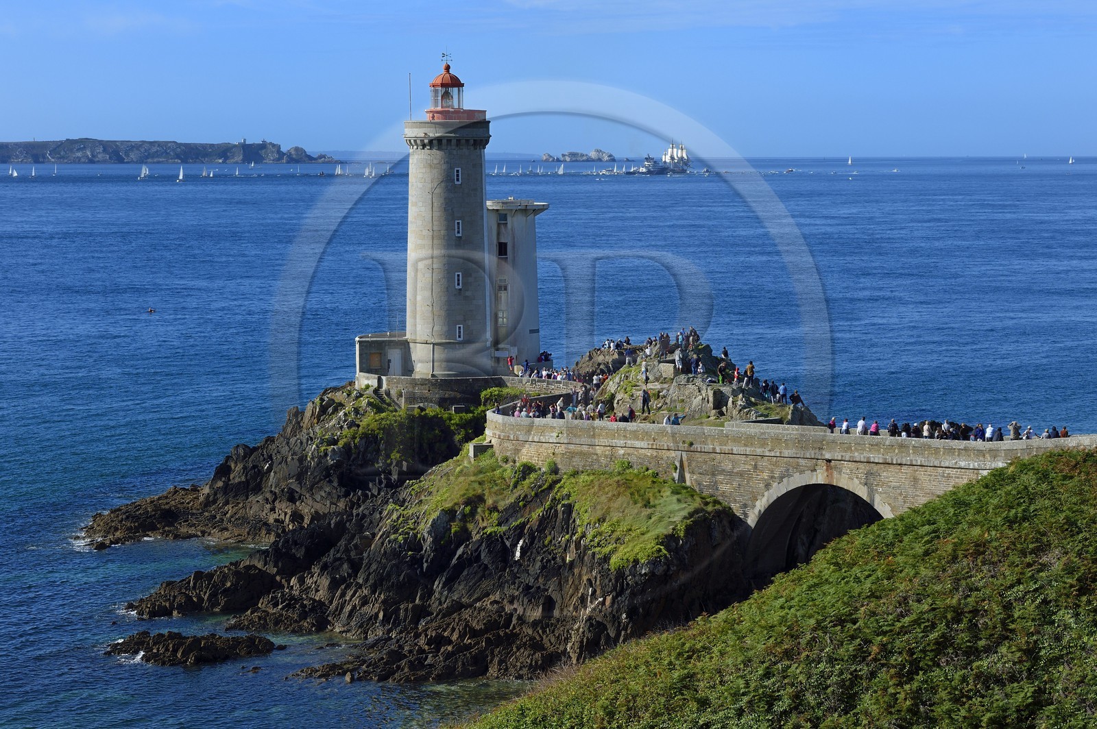 France, Finistere, roadstead of Brest (rade de Brest), Petit Minou lighthouse, L'Hermione frigate departure, replica of the three masts which brought the marquis de Lafayette to America in 1780