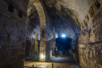 France, Moselle, Parc regional des Vosges du nord (Northern Vosges Regional Natural Park), Bitche, the citadel fortified by Vauban, old cowshed in a fault in the sandstone cliff