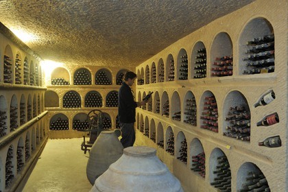 Turquie, Anatolie Centrale, province de Nevsehir, Cappadoce classée Patrimoine Mondial de l'UNESCO, Ürgüp, caves troglodytiques du producteur de vin Turasan