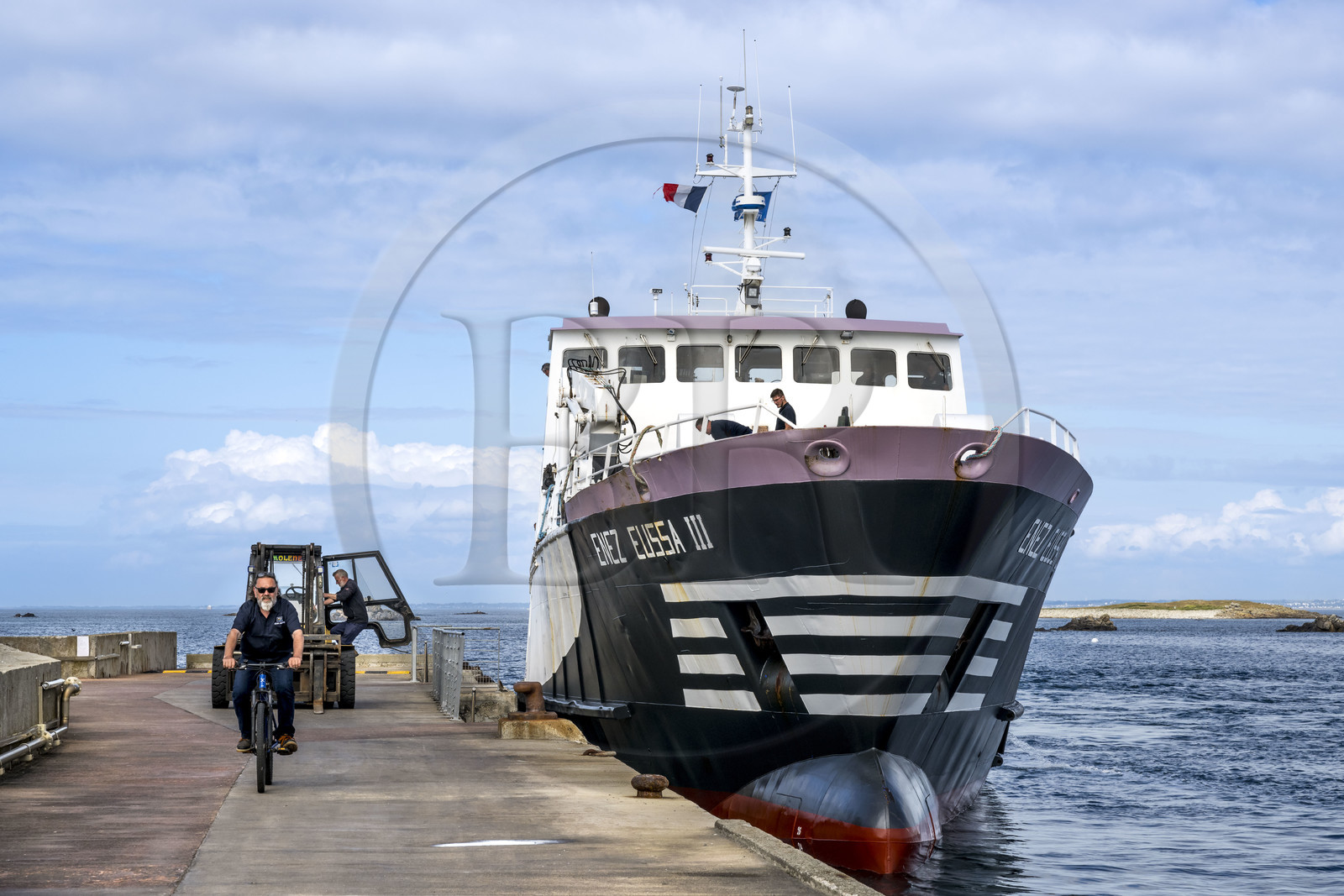 France, Finistère, Iroise Sea, Molene Island, Penn ar Bed boat connecting with the islands of Molene and Ouessant at the dock in Molène