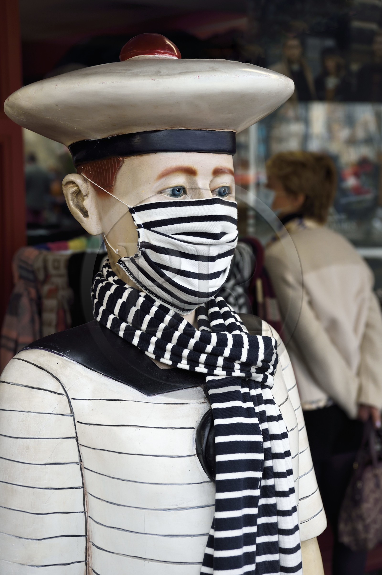 France, Calvados, Pays d'Auge, Honfleur, Saint-James boutique, model wearing a mask matching the sailor sweater
