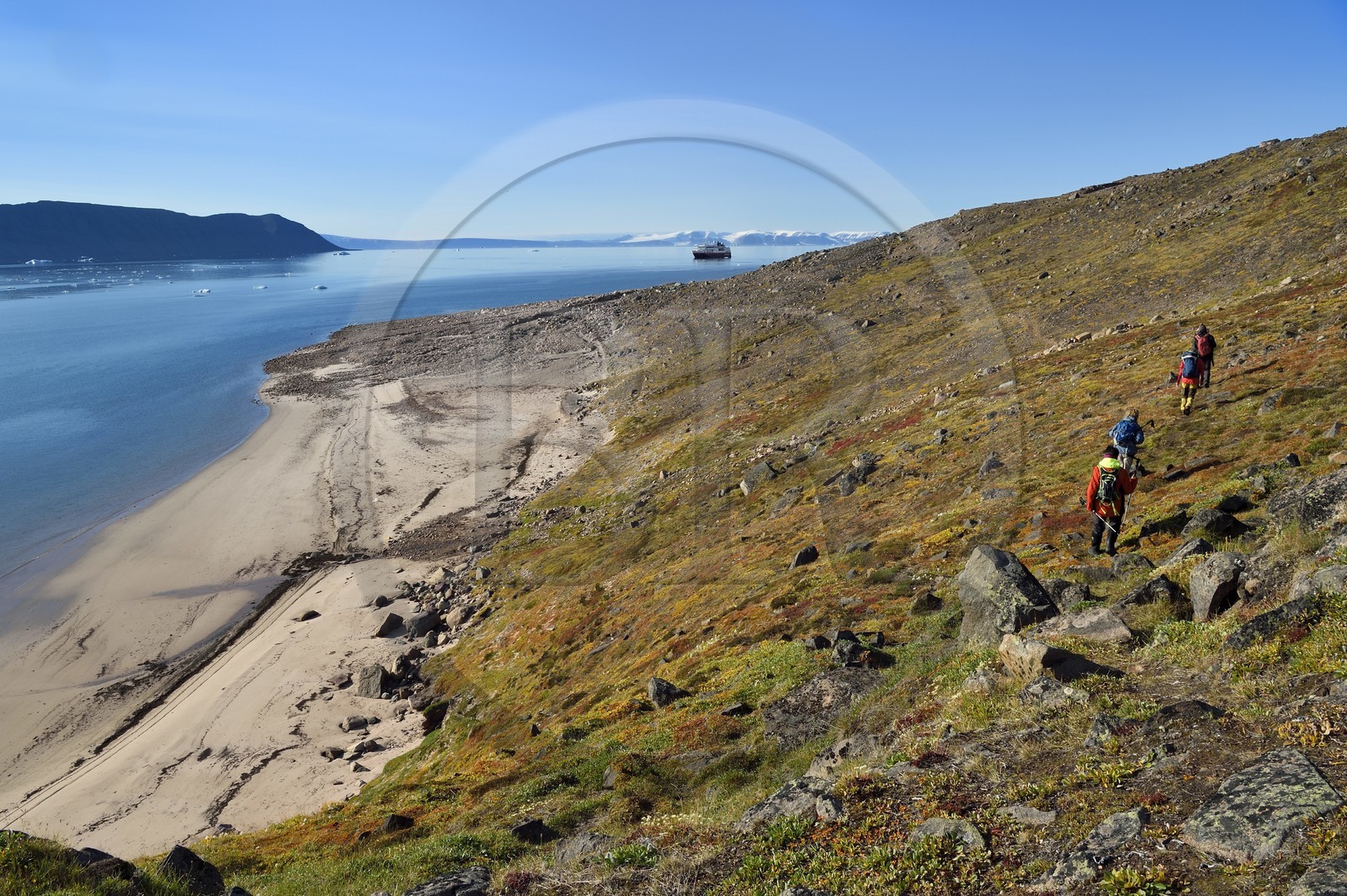 Greenland, North West coast, Murchison sound north of Baffin Bay, hikers in Robertson fjord at Siorapaluk that is the most nothern village from Greenland, MS Fram cruse ship from Hurtigruten at anchor in the background