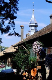 France, Haute Savoie, Yvoire village, labelled Les Plus Beaux Villages de France (The Most Beautiful Villages of France), onion dome village' s church
