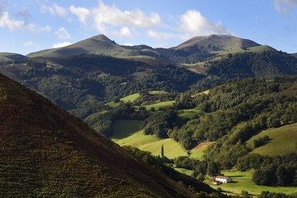 France, Pyrénées-Atlantiques (64), Pays-Basque, vallée des Aldudes, ferme et le mont Ahadi en arrière plan