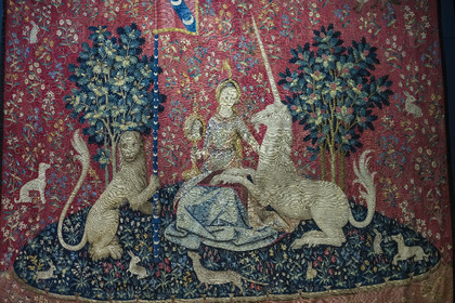 France, Paris (75), Musée de Cluny - Musée national du Moyen-Age, tapisseries de la Dame à la Licorne appelée La Vue - un des 5 sens (vers 1500, laine et soie)
