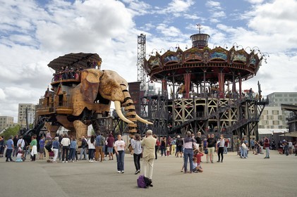 France, Loire-Atlantique, Nantes, Les Machines de l'Ile, an artistic project created by François Delaroziere and Pierre Orefice, the Big Elephant and the marine wold carousel in the background