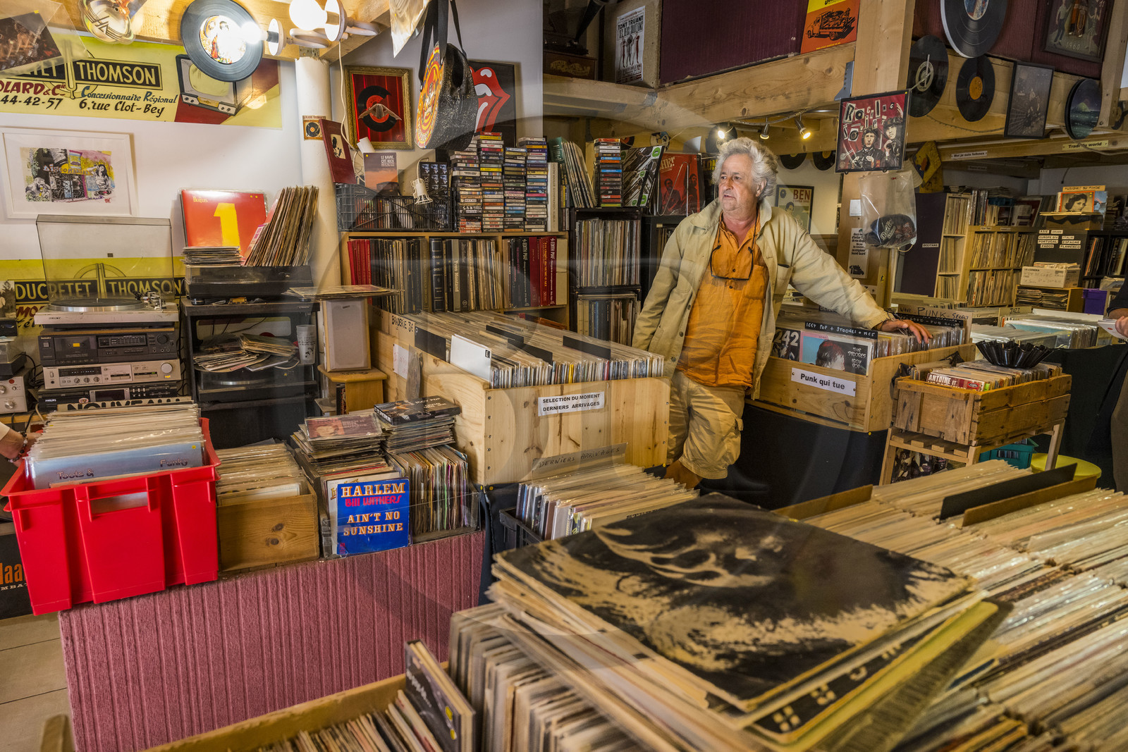 France, Herault, Sete, Pascal Larderet who runs the vinyl record store Discomaniaks in rue de Tunis