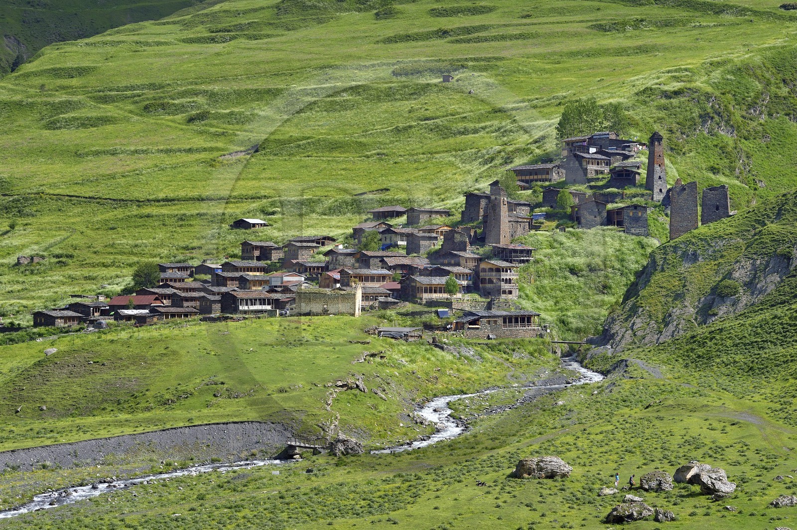 Georgia, Kakheti, Tusheti National Park, Alazani River Valley in the mountains of Pirikiti, village of Dartlo, fortified medieval towers