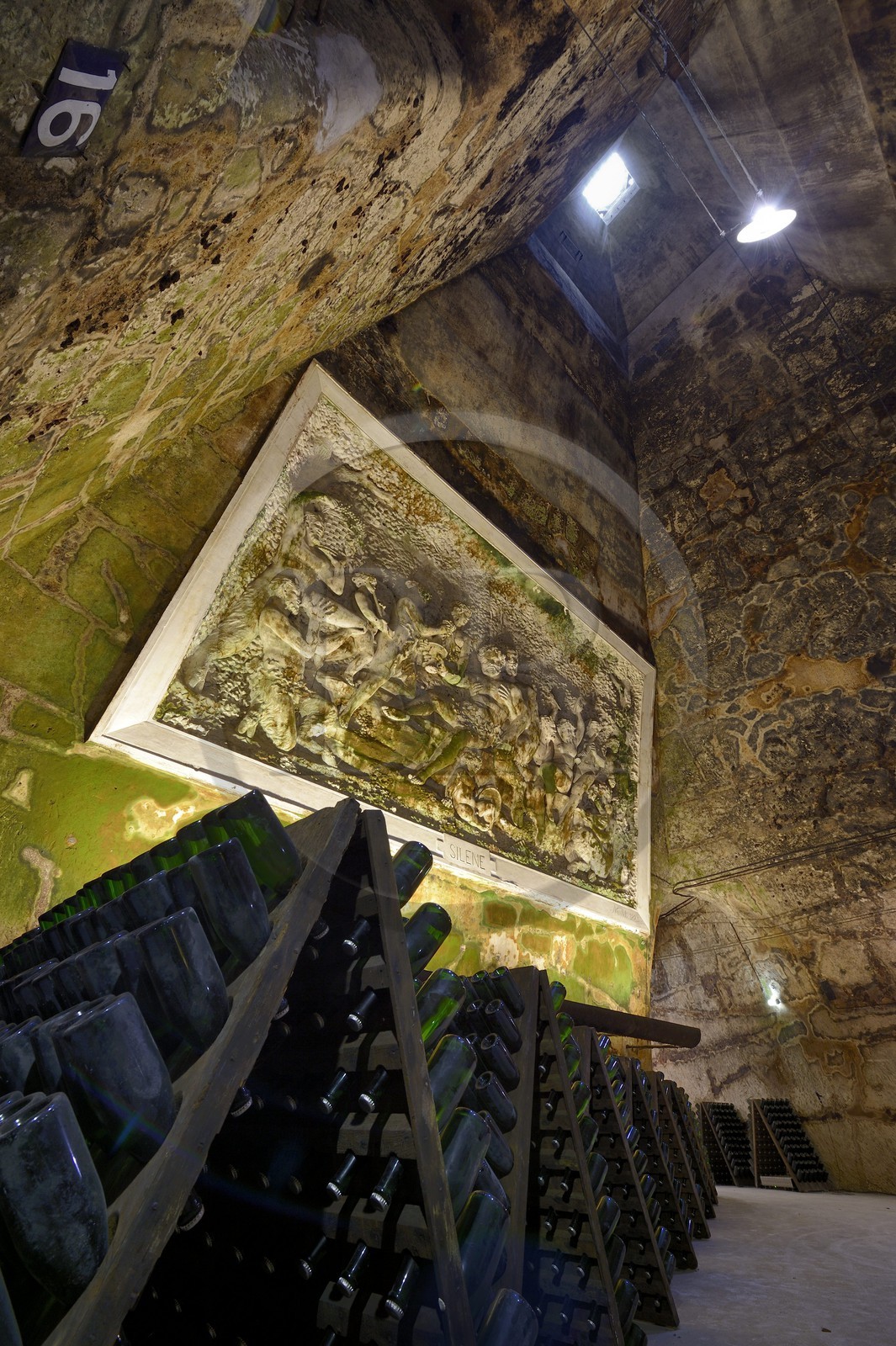 France, Marne, Reims, champagne, Pommery's wine cellars, bas-relief called Silenus and his Mad maenads court (1884) by Gustave Navlet
