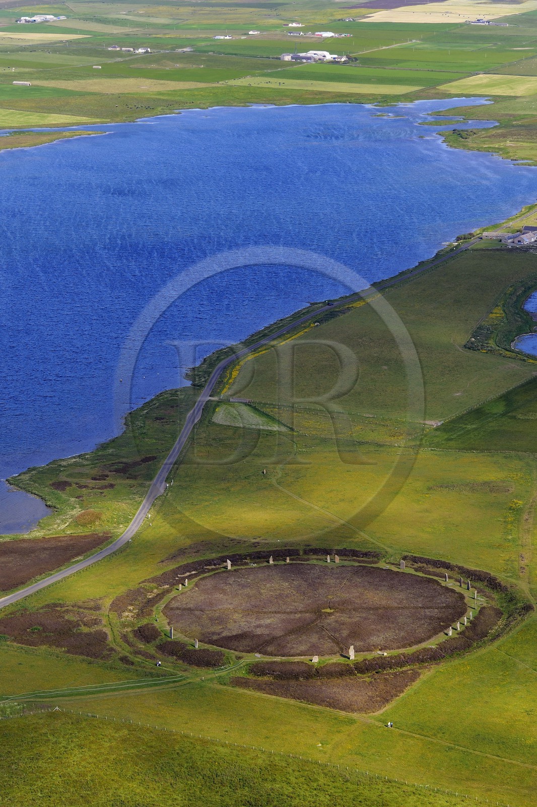 United Kingdom, Scotland, Orkney Islands, Mainland Island, beside the Loch of Stenness, standing stones (stone circle) from the Ring of Brodgar, listed as World Heritage by UNESCO (aerial view)