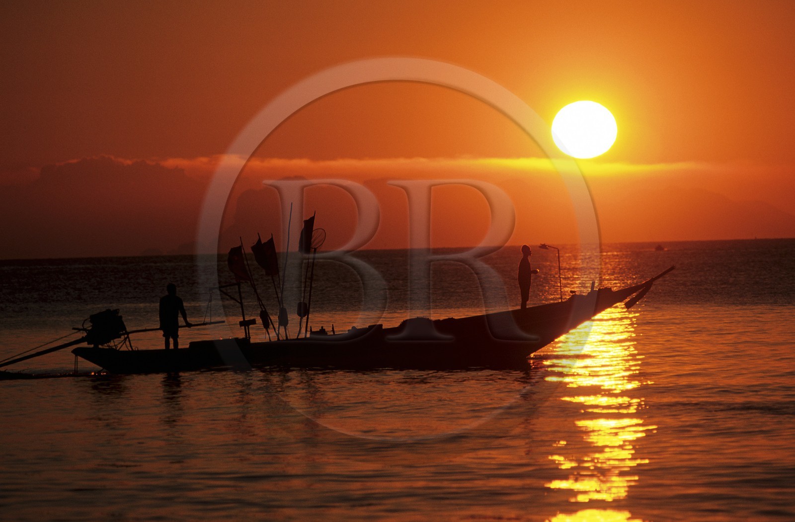 Thailand, Samui islands archipelago, Koh Pha-Ngan island, fishermen small boat on sunset