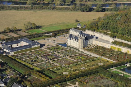 France, Indre et Loire, Loire Valley listed as World Heritage by UNESCO, the castle and gardens of Villandry (owners Henri and Angelique Carvallo) (aerial view)