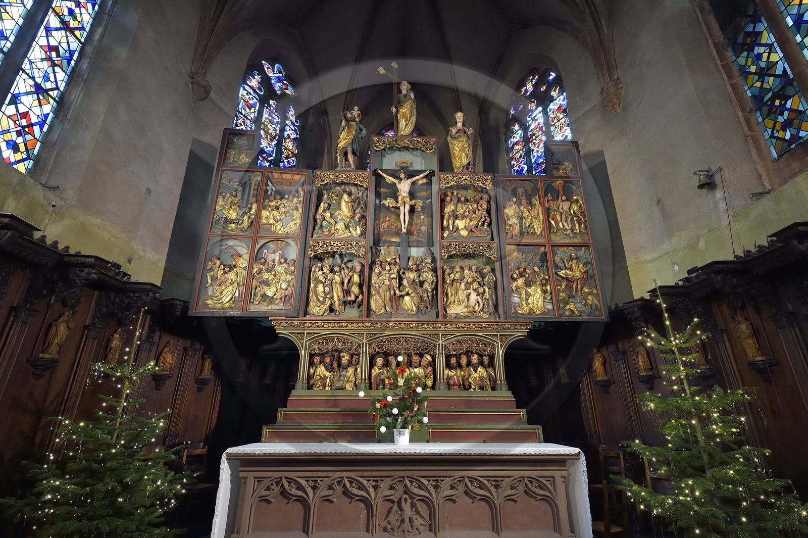 France, Haut-Rhin (68), Kaysersberg, église Sainte-Croix, le retable de la Passion en bois de 1518 du sculpteur Jean Bongart