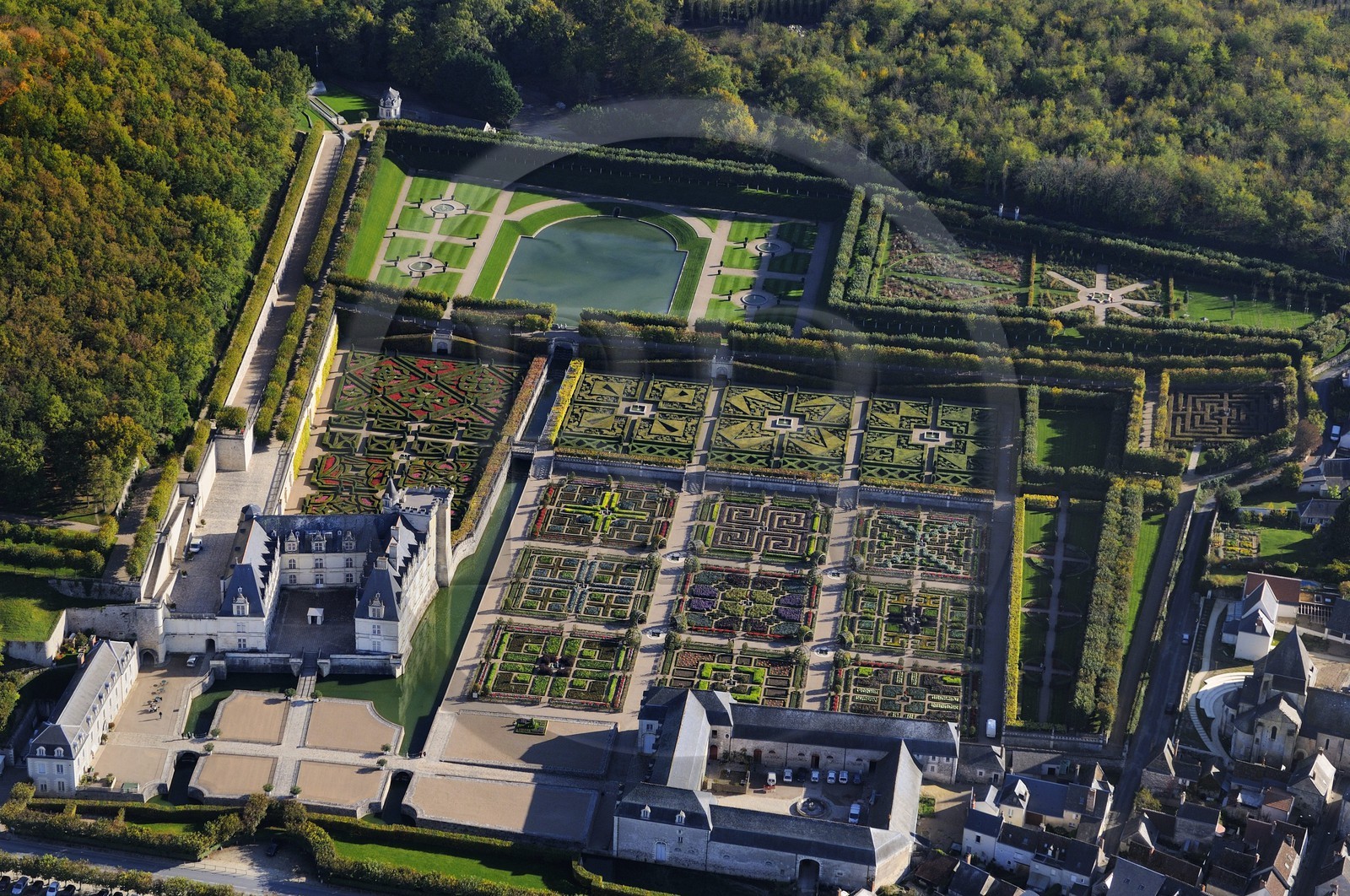 France, Indre et Loire, Loire Valley listed as World Heritage by UNESCO, the castle and gardens of Villandry (owners Henri and Angelique Carvallo) (aerial view)