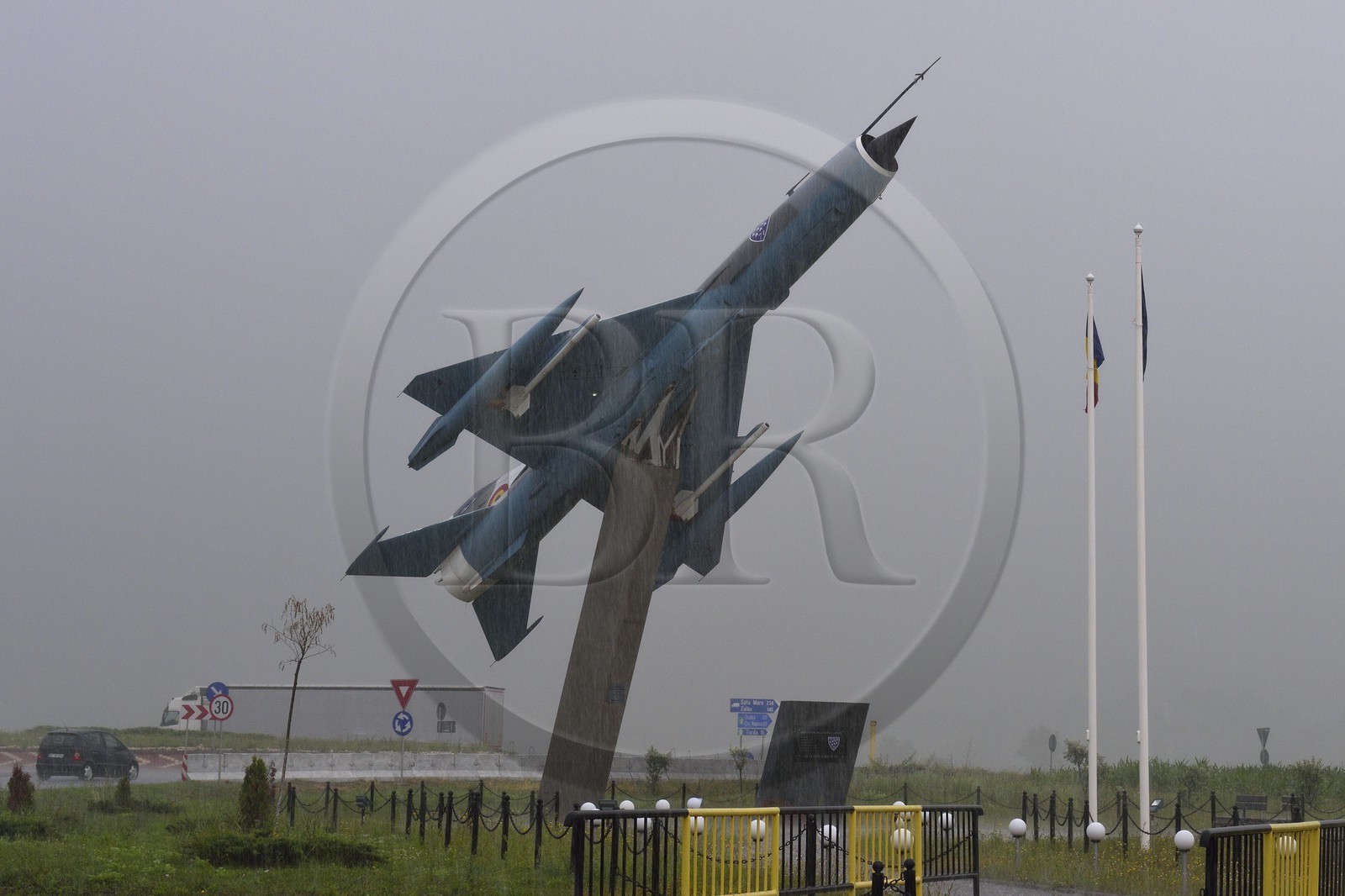 Romania, Transylvania, Cluj region, Turda, fighter aircraft on a roundabout at the entrance of Campia Turzii