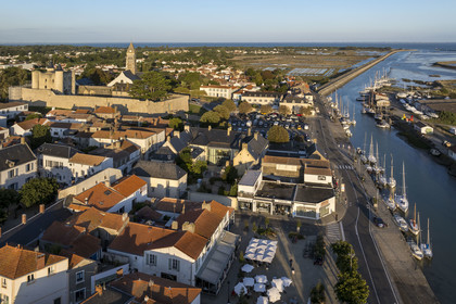 France, Vendée (85), Ile de Noirmoutier, Noirmoutier-en-l'Ile, port d'échouage dans l'Etier du Moulin, le château médiéval et l'église Saint-Philbert en arrière plan (vue aérienne)