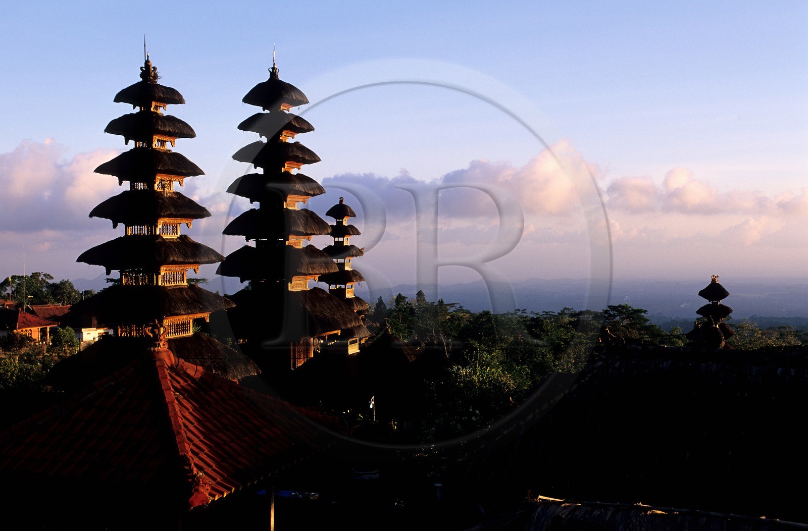 Indonesia, Bali island, Pura (temple) Besakih, meru with multiple roofs of Pura Penataran Agung being drawn up towards the sky