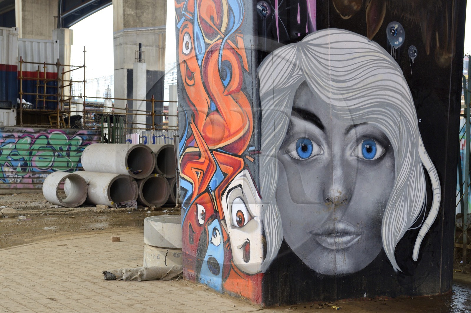 South Africa, Gauteng Province, Johannesburg, CBD (Central Business District), Newtown, murals under the M1 De Villiers Graaff motorway