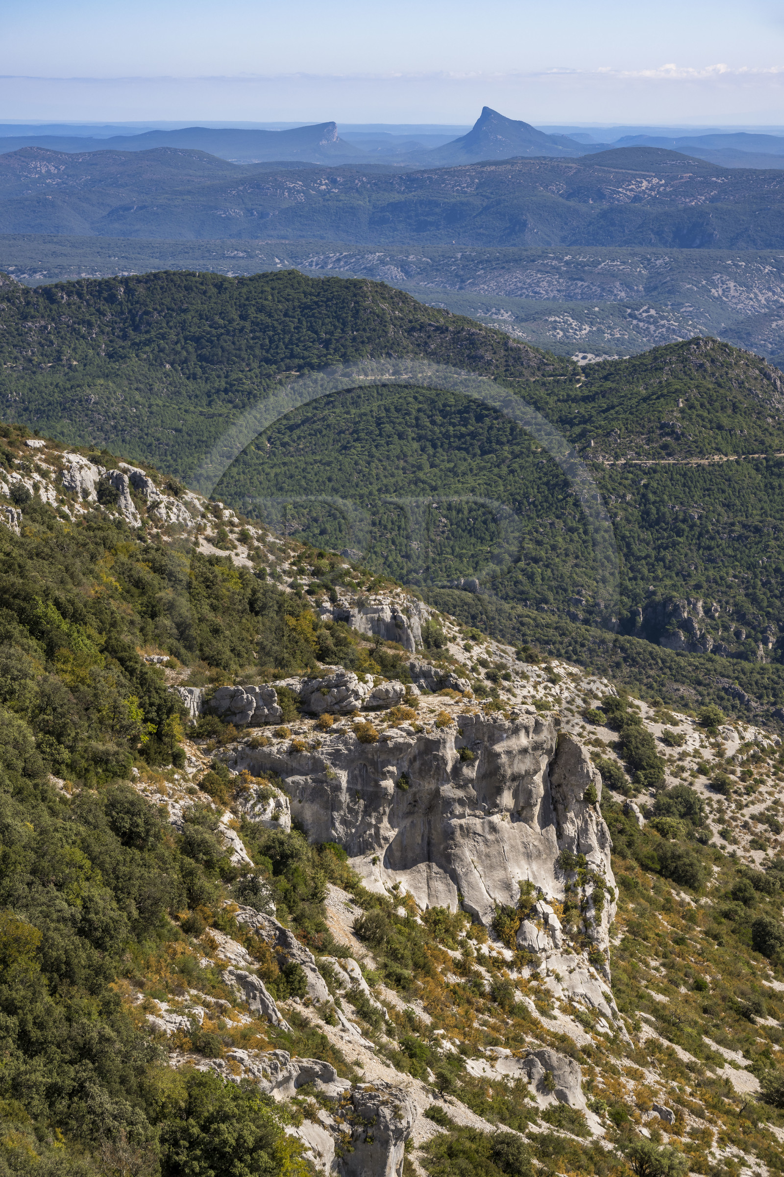France, Hérault (34), les Causses et les Cévennes, paysage culturel de l'agro-pastoralisme méditerranéen inscrit au Patrimoine Mondial de l'UNESCO, Montpeyroux, rochers et falaises du Mont Saint Baudille, le Pic Saint-Loup faisant face à l'Hortus en arrière plan
