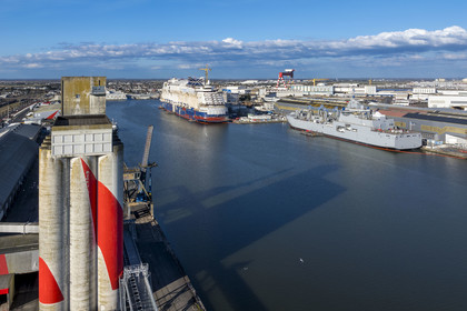 France, Loire-Atlantique, Saint-Nazaire, the Penhoët floating dock and cruise shipyard (aerial view)