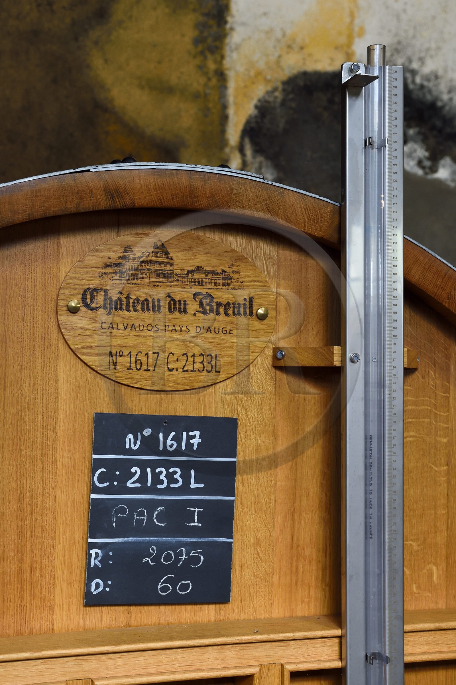 France, Calvados (14), Pays d'Auge, Le Breuil-en-Auge, Chateau du Breuil producteur de Calvados AOC Pays d’Auge, tonneaux dans les chais de vieillissement