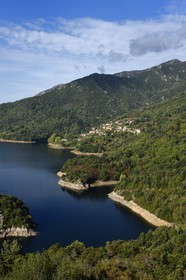 France, Corse-du-Sud (2A), Vallée du Prunelli, village de Tolla au bord du lac artificiel de Tolla depuis le col de la Scalledda