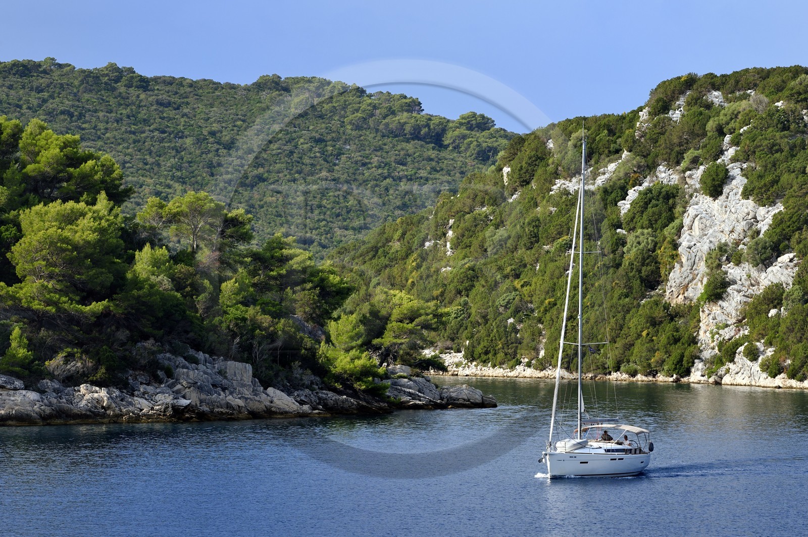 Croatie, Dalmatie, cote dalmate, Ile de Mljet, voilier dans le Parc national de Mljet vers Polace