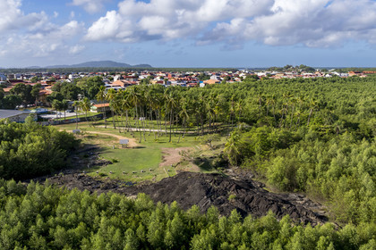 France, Guyane, Cayenne, Pointe Buzaré, la mangrove composée de palétuvier blanc (Laguncularia racemosa) entoure la totalité de la presqu'île de Cayenne, dans une période cyclique future elle disparaitra complétement pour à nouveau laisser place à la mer (vue aérienne)
