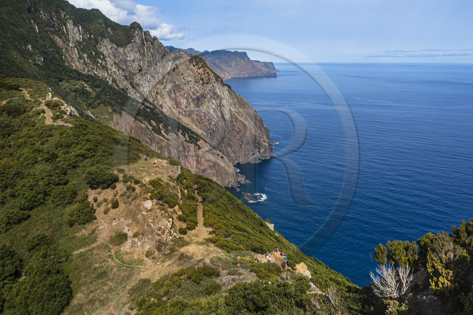 Portugal, Madeira Island, hike from Machico to Porto da Cruz by the Vereda do Larano, at the Boca do Risco pass (aerial view)