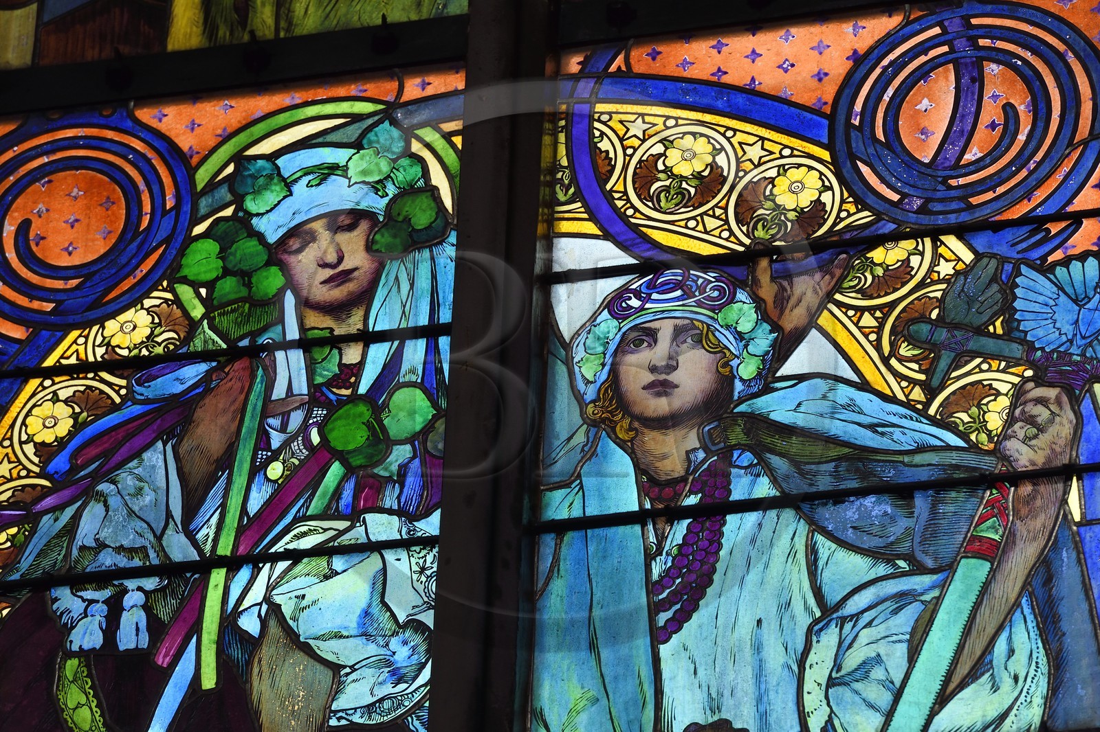 Czech Republic, Prague, historical center listed as World Heritage by UNESCO, Hradcany district, the Saint Vitus Cathedral inside the Royal Castle, stained glass window designed by Alfons Mucha, St Cyril and Methodius