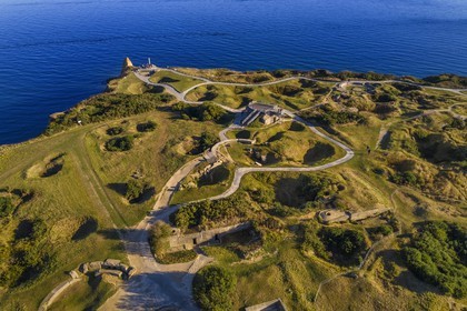 France, Calvados, Cricqueville en Bessin, Pointe du Hoc, ruins of German fortifications and bomb holes made by the Normandy landings of June 6 1944 during the Second World War (aerial view)