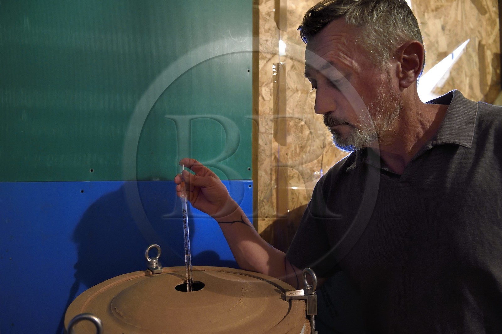 France, Ile de la Reunion, La Saline, La Part des Anges Distillation, rhum de canne rose de 72° à 75° élevé en amphore de terre cuite, rhum fabriqué comme une eau de vie de canne à sucre, prélèvement pour pesée d'alcool