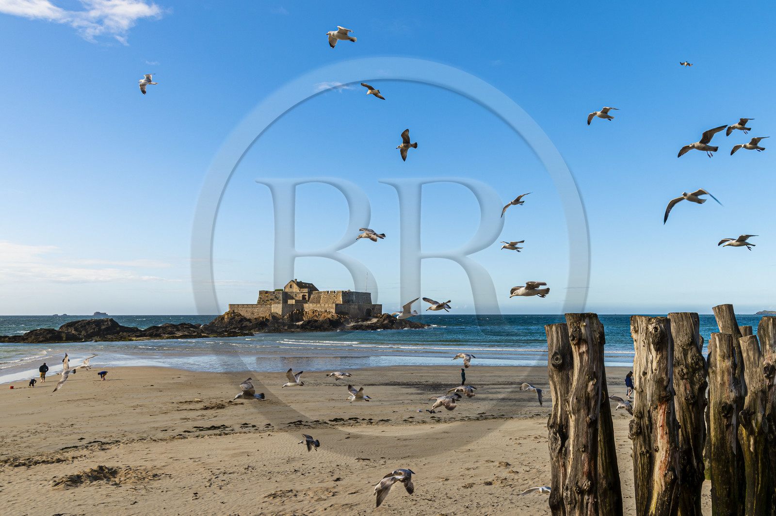 France, Ille et Vilaine, Cote d'Emeraude (Emerald Coast), Saint Malo, Fort National designed by Vauban and built by Siméon Garangeau from 1689 to 1693, Eventail beach at low tide with its wooden breakwaters