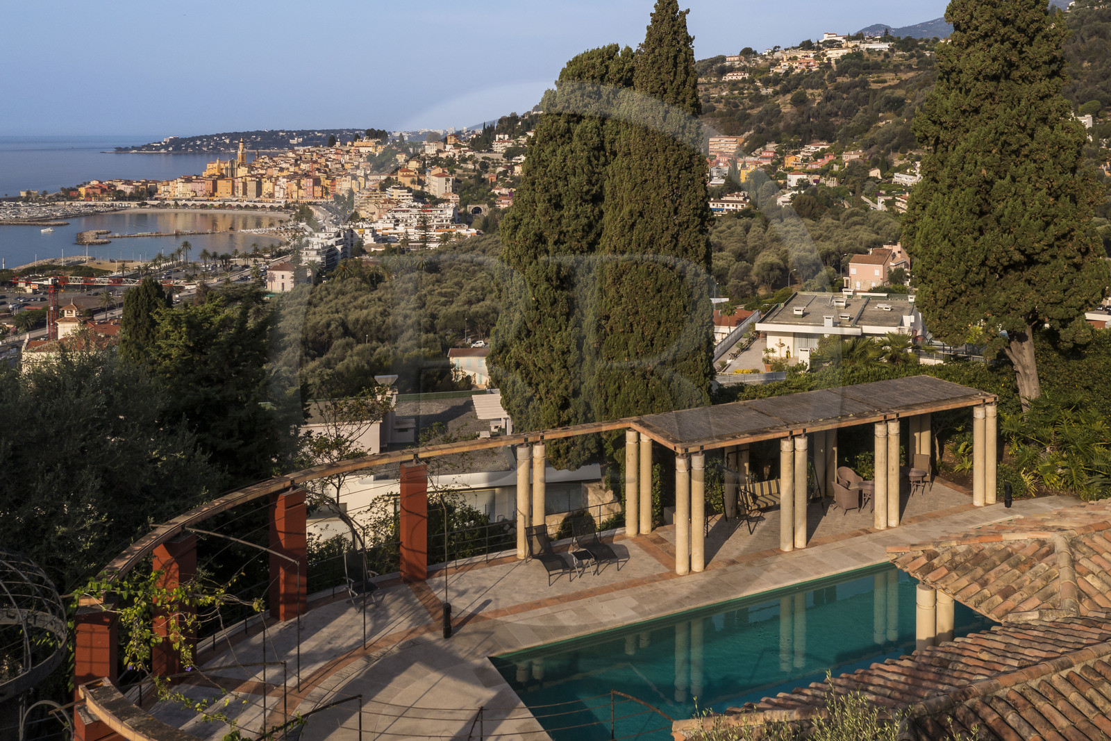 France, Alpes-Maritimes, Menton, Domaine des Colombieres, view of the city from the estate (aerial view)