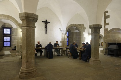 France, Manche, the abbey of Mont Saint Michel, listed as World Heritage by UNESCO, breakfast in the current refectory of the monks of Monastic Fraternities of Jerusalem in the lodgings