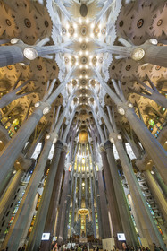 Spain, Catalonia, Barcelona, Eixample district, Sagrada Familia basilica by Catalan modernist architect Antoni Gaudi, listed as a UNESCO World Heritage Site, the choir, the ciborium and the vault of the Nave at the top