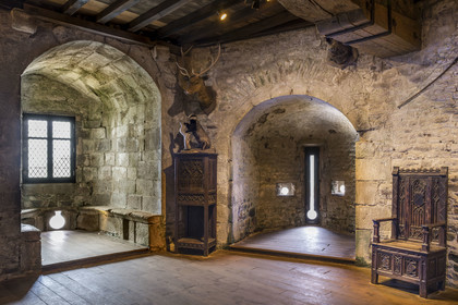 France, Cotes d'Armor, Grand Site de France Cap d'Erquy – Cap Frehel, Plevenon, 15th century La Latte Fort or Roche Goyon castle, the lords room in the dungeon