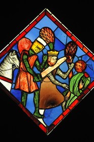 France, Paris, Musee du Moyen-Age (Middle Ages Museum), the former Hotel de Cluny, stained-glass window from the Sainte-Chapelle in Paris, knight knifing a king