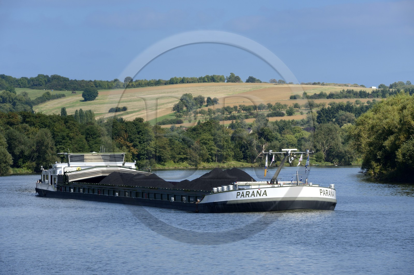 France, Moselle, barge on the River Moselle at Malling
