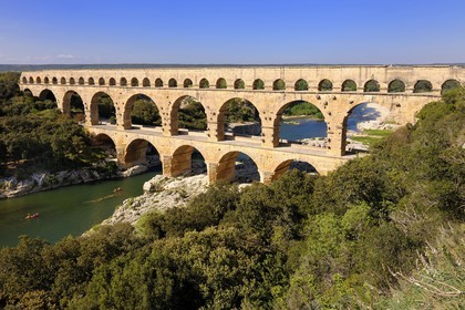 France, Gard, Pont du Gard listed as World Heritage by UNESCO, Roman aqueduct over Gardon River, canoeing