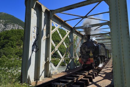 France, Alpes-Maritimes, Puget Theniers, the Train des Pignes, crossing the Pont de la Trinite over the Var river