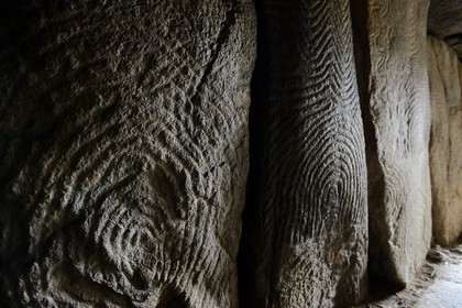 France, Morbihan, Gavrinis Cairn dated 3500 BC, decorated slabs from the Gavrinis passage