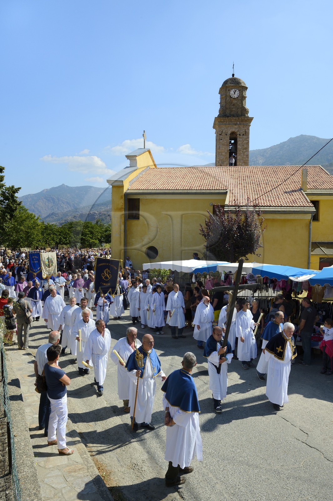 France, Haute Corse, Niolu (Niolo) region, Casamaccioli, la Santa di Niolu religious festivity to celebrate the Nativity of the Virgin, procession of religious brotherhoods members
